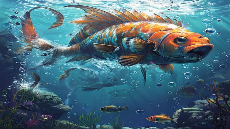 Màn hình bắn cá với đàn cá và khẩu súng ở rìa dưới